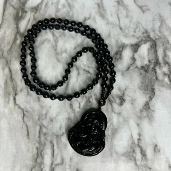 JADE obsidian Black Hand Carved Maitreya Buddah Pendant Necklace - Picture 1 of 6